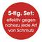 Roter Kreis mit Text: '5-tlg. Set: effektiv gegen nahezu jede Art von Schmutz'.