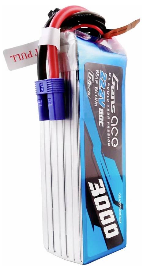 Ein Lithium-Polymer-Akku (LiPo) von Gens Ace mit 22,2V und 3000mAh Kapazität. Der Akku ist blau mit roten und schwarzen Kabeln.