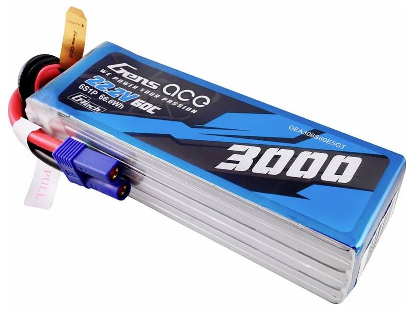 Ein blauer Lithium-Polymer-Akku mit der Aufschrift '3000 mAh', inklusive Steckkontakten und rotem Kabel.
