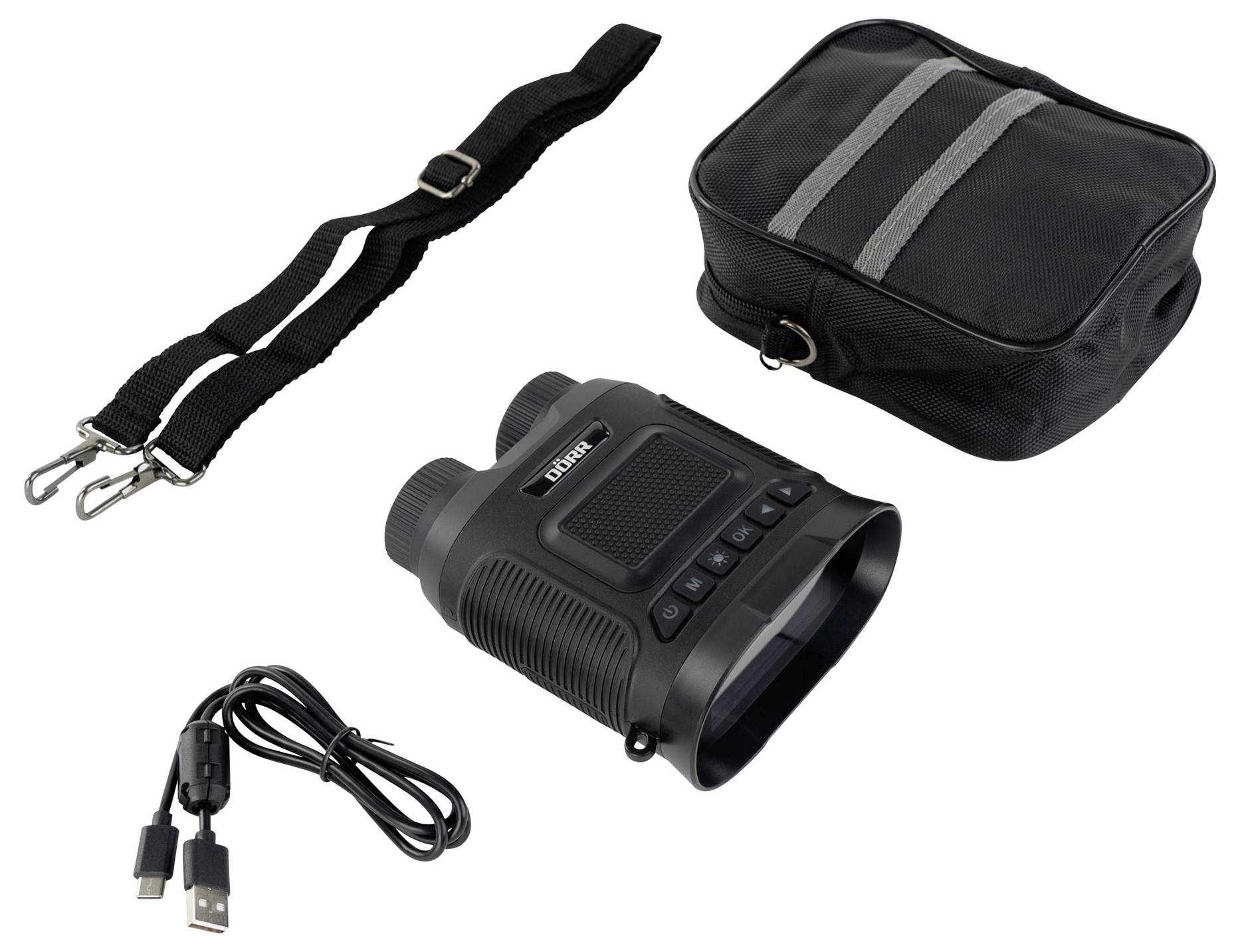 Nachtsichtfernglas-Set bestehend aus Fernglas, Tragetasche, Umhängegurt und USB-Kabel, für Outdoor-Aktivitäten bei Nacht.