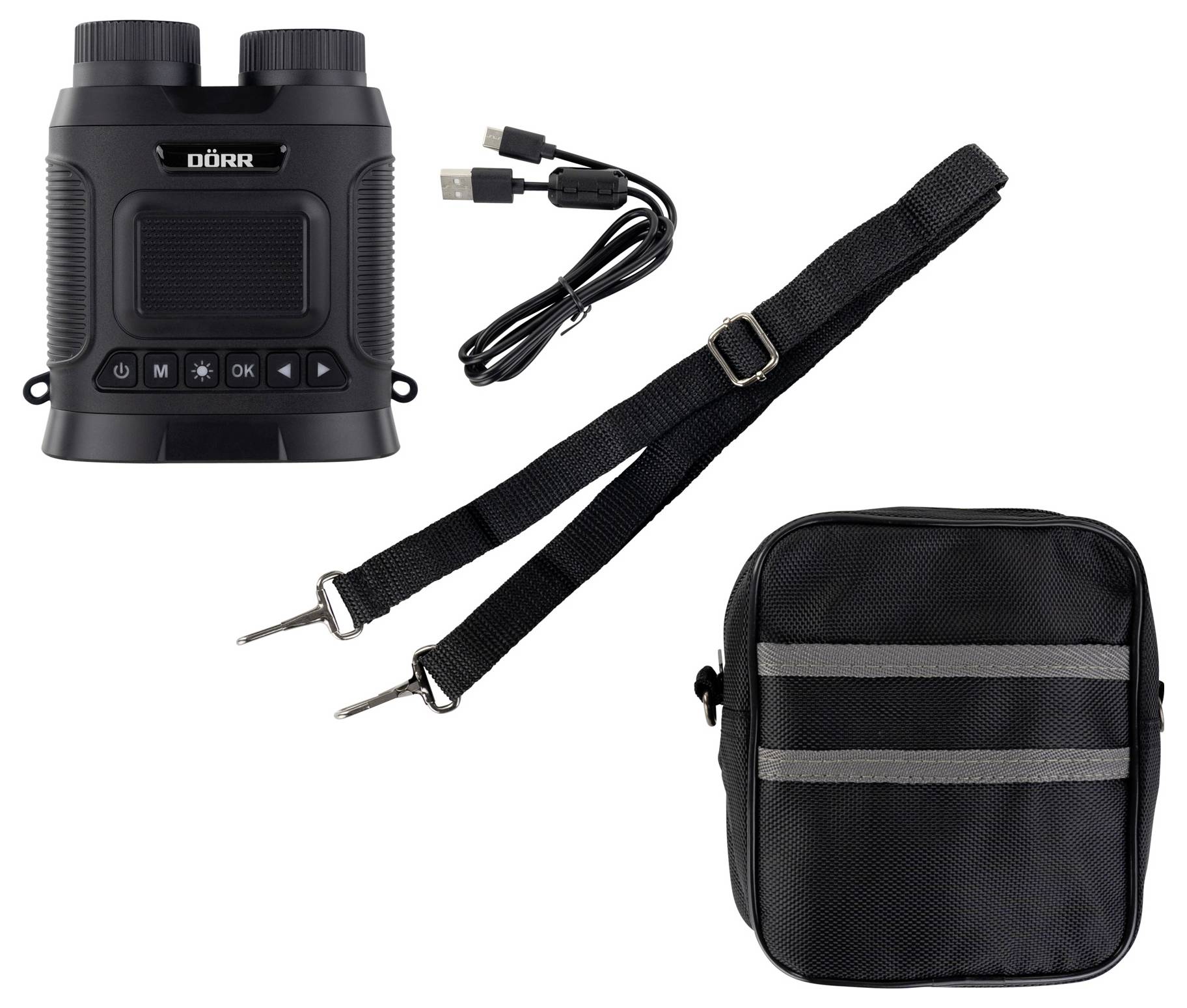 Ein schwarzes Fernglas mit Zubehör: Tasche, Schultergurt und zwei Kabel. Das Fernglas hat Tasten an der Vorderseite.