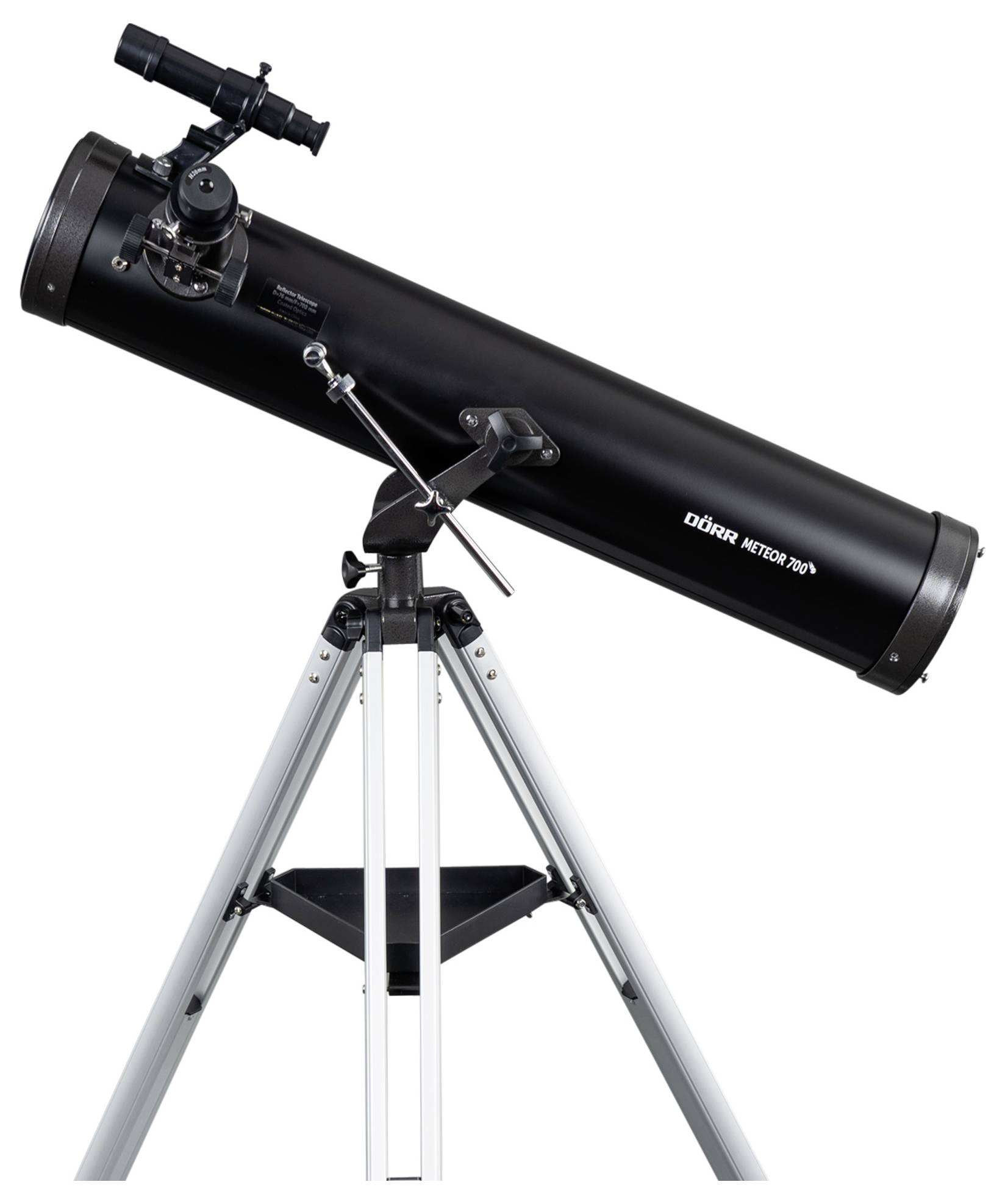 Schwarzes Newton-Teleskop mit Stativ, geeignet für Astronomie-Enthusiasten, bietet klare Himmelsbeobachtung mit Justiermöglichkeiten.