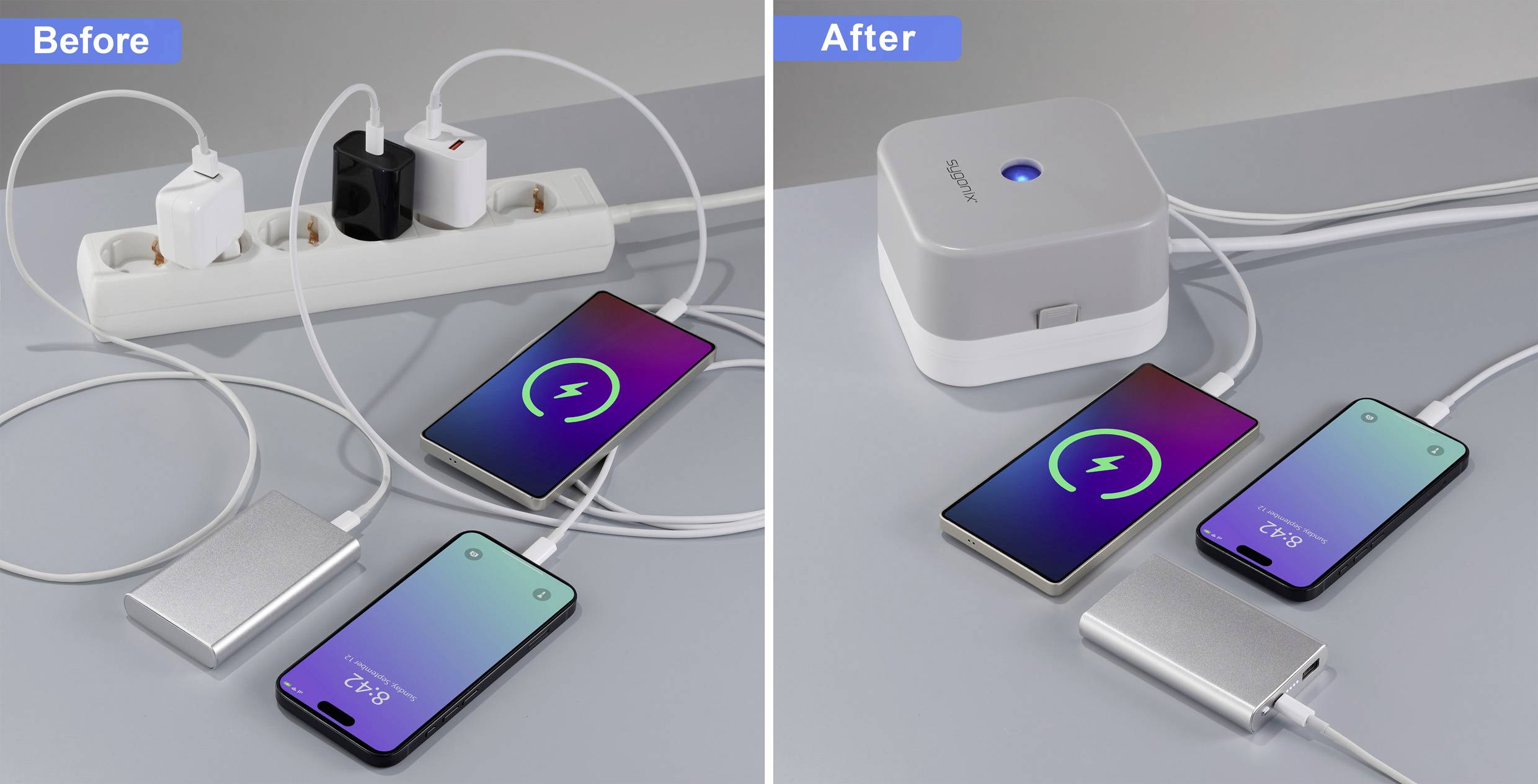 'Vorher-Nachher'-Bild: Links überladene Steckdosenleiste mit mehreren Kabeln, rechts ordentliche Ladestation mit zwei Geräten.