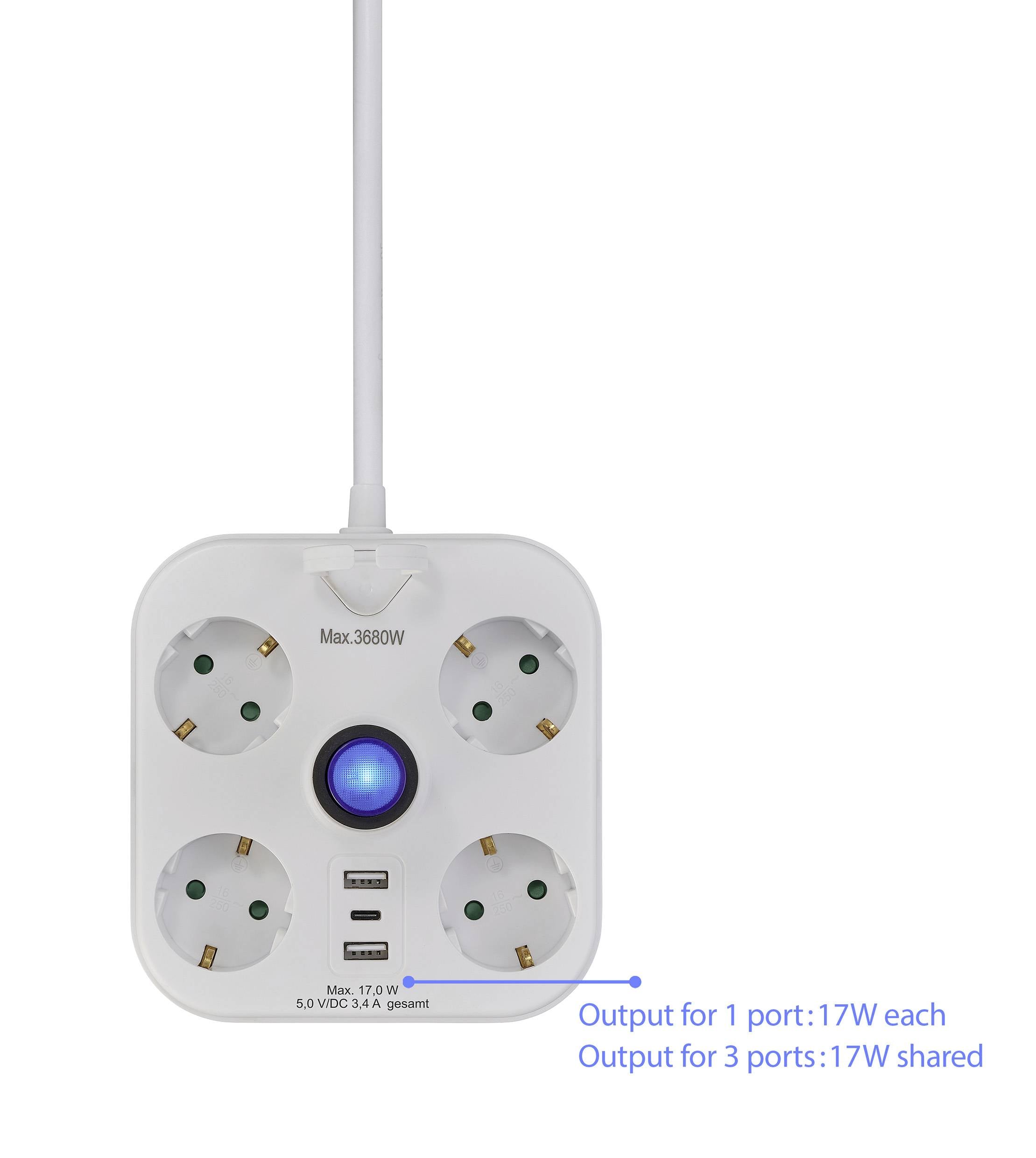 Ein weißes quadratisches Steckdosenpanel mit vier Steckplätzen, einem blauen Anzeigelicht und USB-Ladeanschluss, maximale Leistung: 3680W.