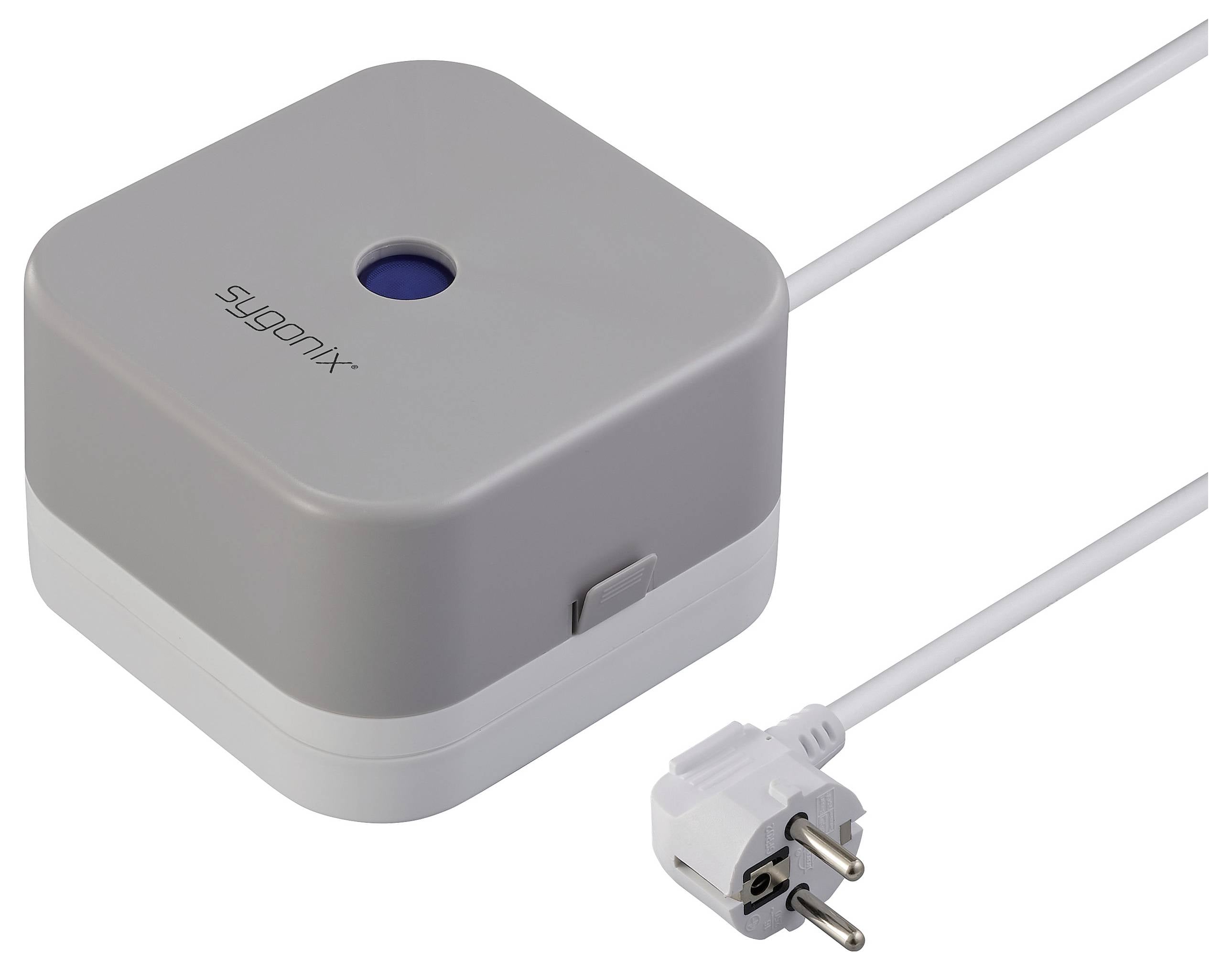 Ein quadratischer, grauer Smart-Stecker von Sygonix mit Kabel und Stecker. Er dient zur Steuerung elektrischer Geräte.