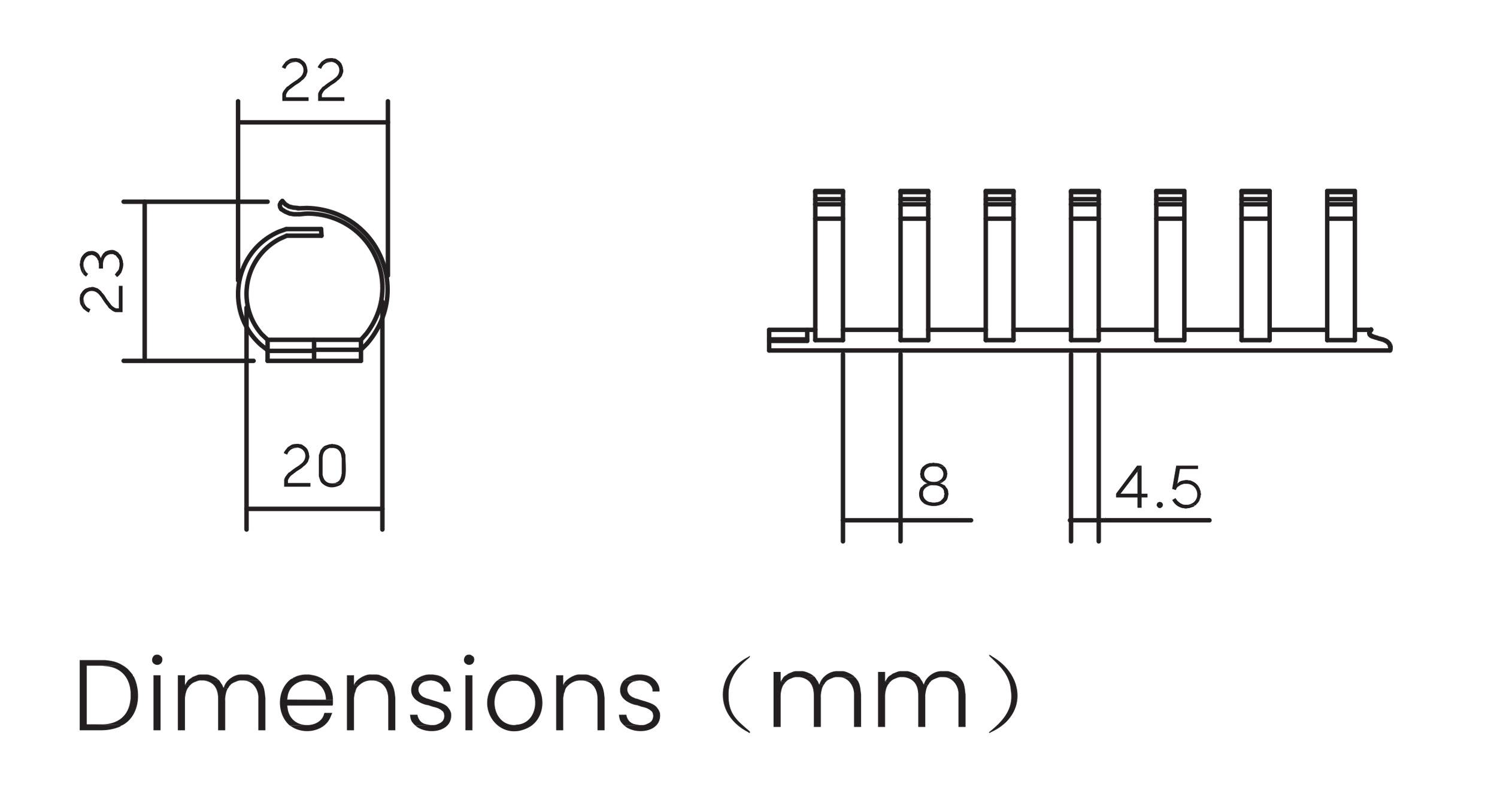Abbildung zeigt technische Zeichnung eines Steckverbinders mit Maßen: Höhe 23 mm, Breite 22 mm, Abstand 8 mm und 4,5 mm.