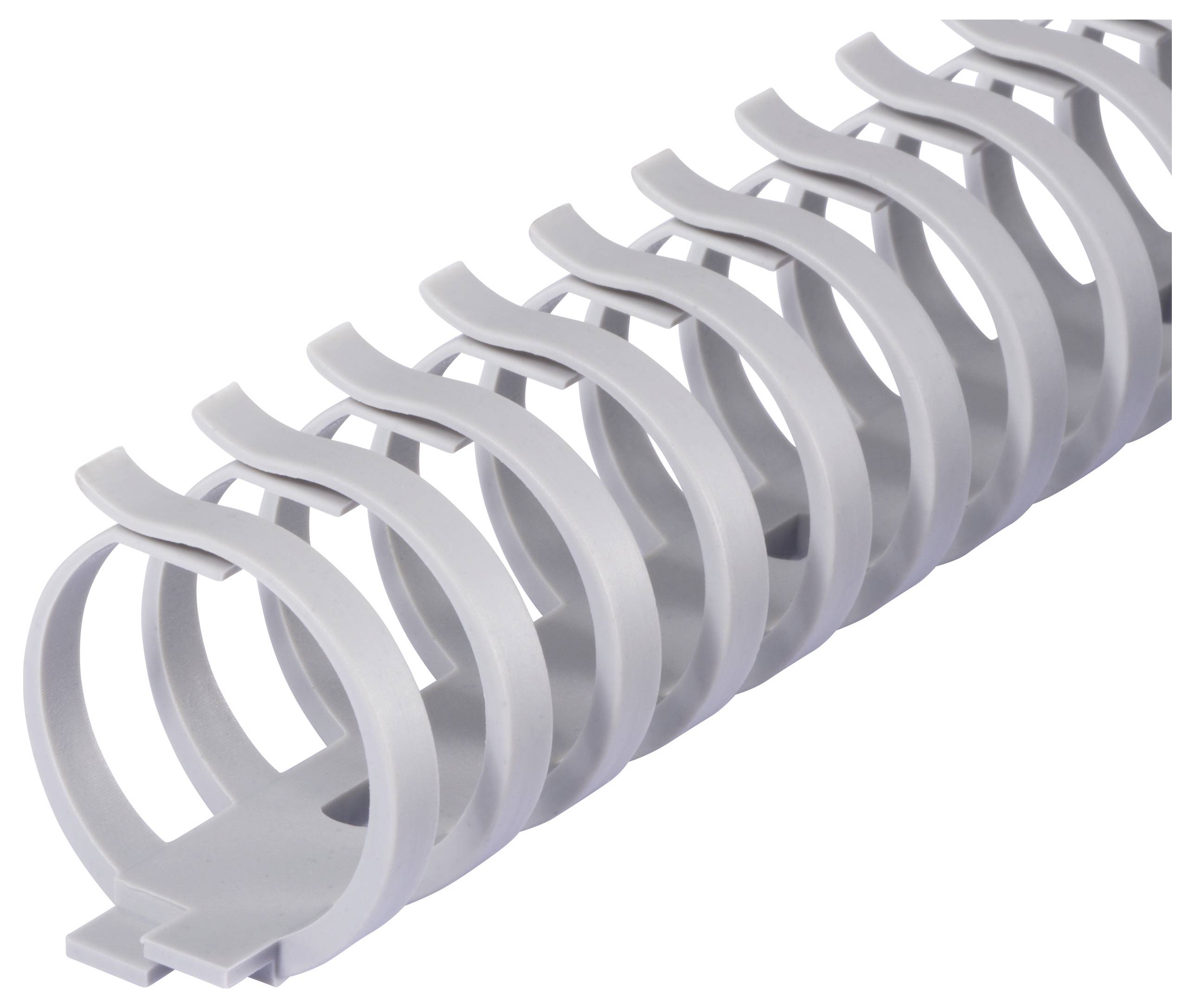 Graues Kabelmanagementsystem aus Kunststoff mit mehreren flexiblen Schlaufen zur ordentlichen Anordnung von Kabeln.