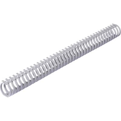 Ein silbernes, spiralförmiges Drahtobjekt, das wie eine lange, flexible Feder aussieht, auf einem weißen Hintergrund.