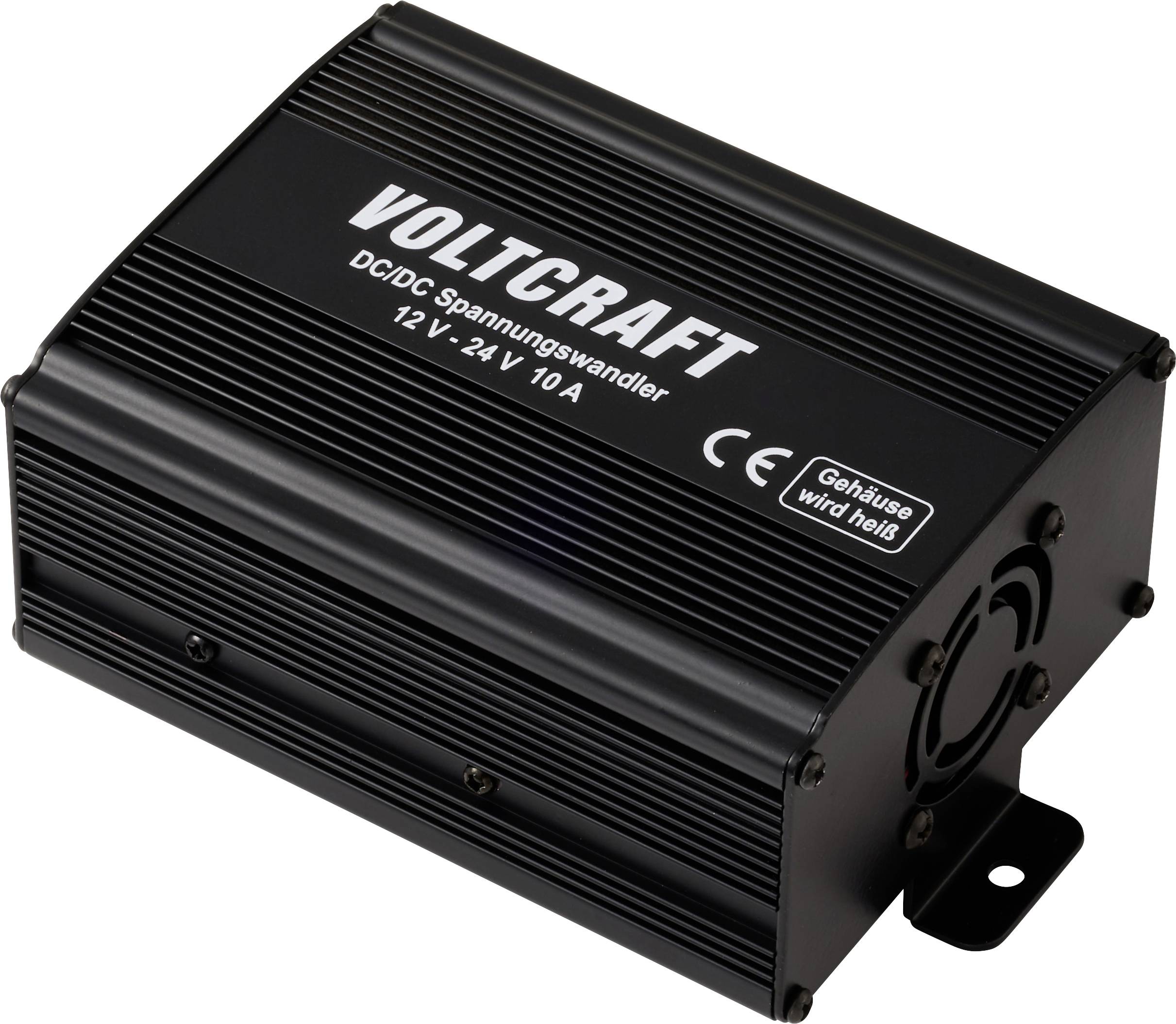 Ein schwarzer Voltcraft DC/DC-Wandler mit weißer Beschriftung, verwendet zur Spannungsumwandlung von 12V auf 24V bei 10A.