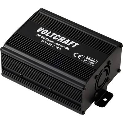 Ein schwarzer Voltcraft DC/DC-Wandler mit weißer Beschriftung, verwendet zur Spannungsumwandlung von 12V auf 24V bei 10A.
