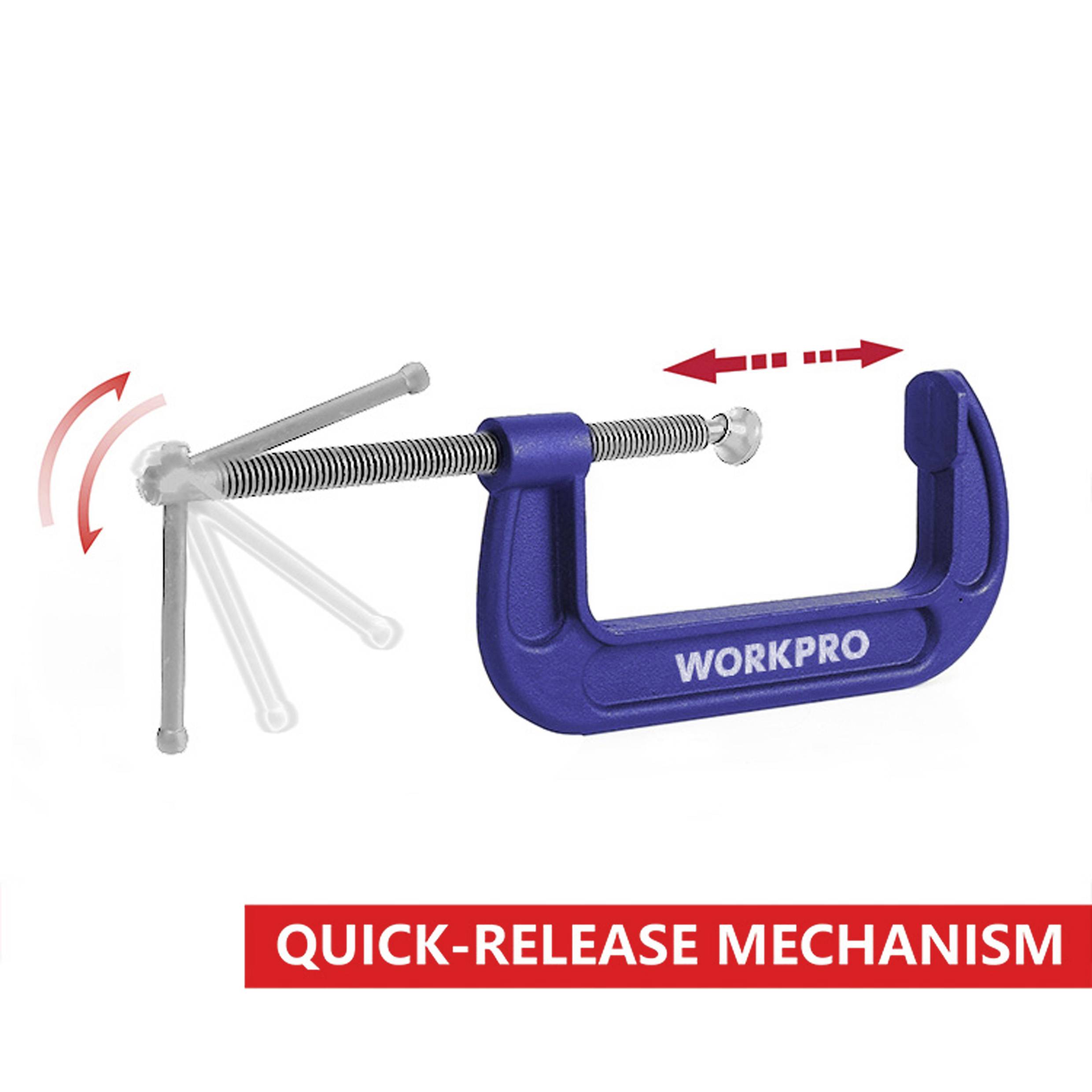 Blauer Schraubstock mit Schnellspannmechanismus, Hebel in Bewegung gezeigt. Text: 'Quick-Release Mechanism' auf rotem Hintergrund.