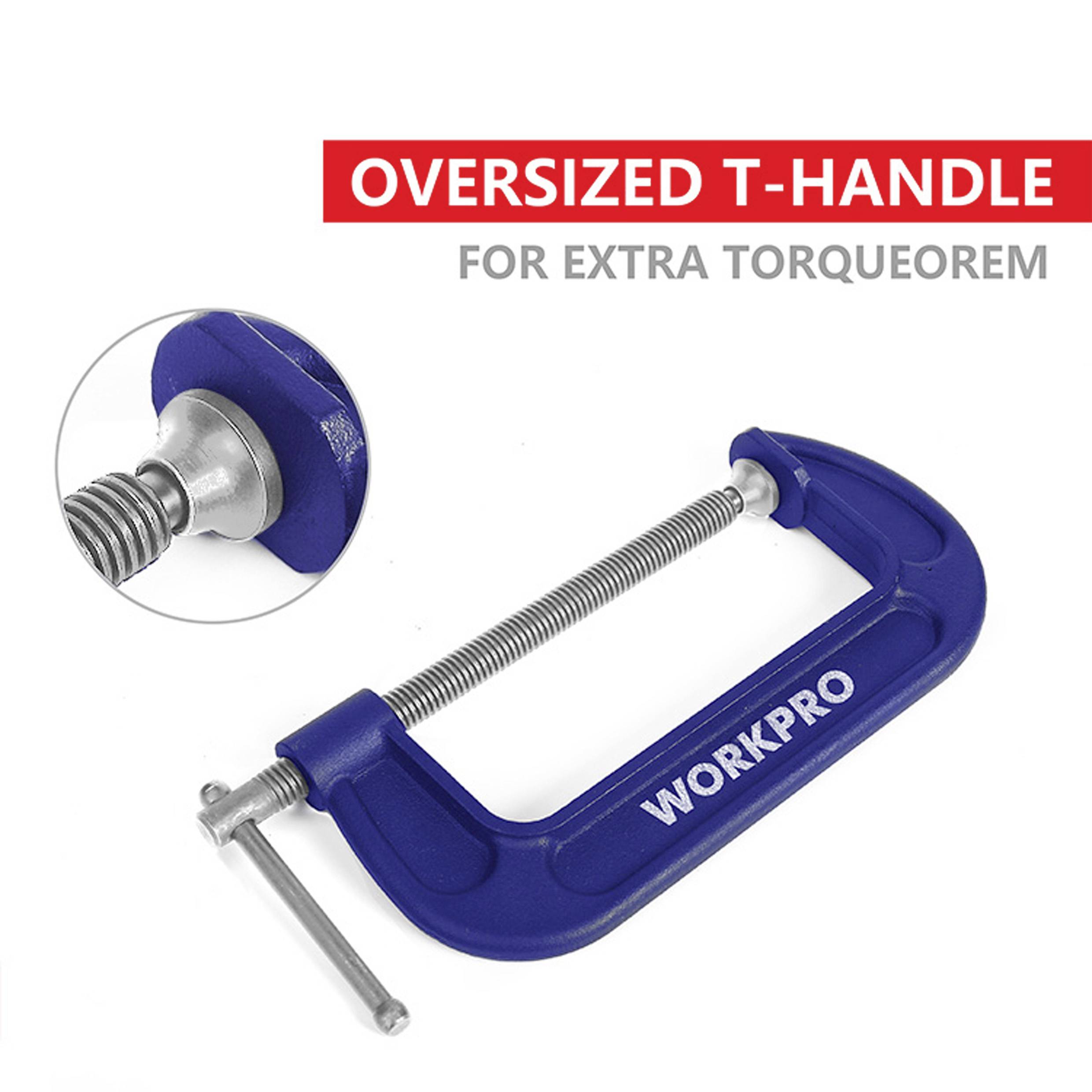 Ein blauer Schraubzwinge mit T-Griff, der extra Drehmoment bietet. Markenname 'WORKPRO' auf der Zwinge. Nahaufnahme des Gewindes.