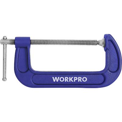 Ein blauer Metall-C-Schraubzwinge mit der Aufschrift 'WORKPRO'. Sie hat eine silberne Spindel zum Festschrauben.