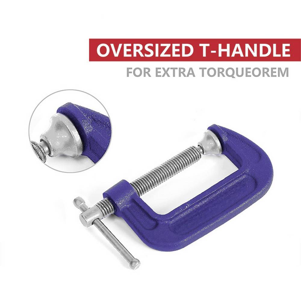Eine blaue C-Schelle mit einem überdimensionierten T-Griff wird gezeigt mit dem Text "Überdimensionierter T-Griff für Extra-Drehmoment."