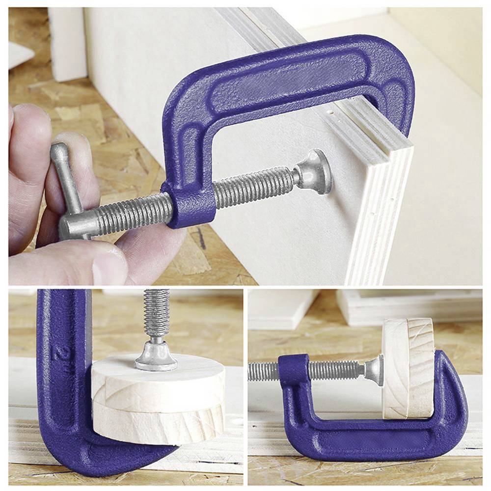 Nahaufnahmen eines blauen C-Schraubzwingenschraubers in verschiedenen Nutzungsstadien, die zeigen, wie das Werkzeug ein Holzstück und einen runden Holzblock umklammert.