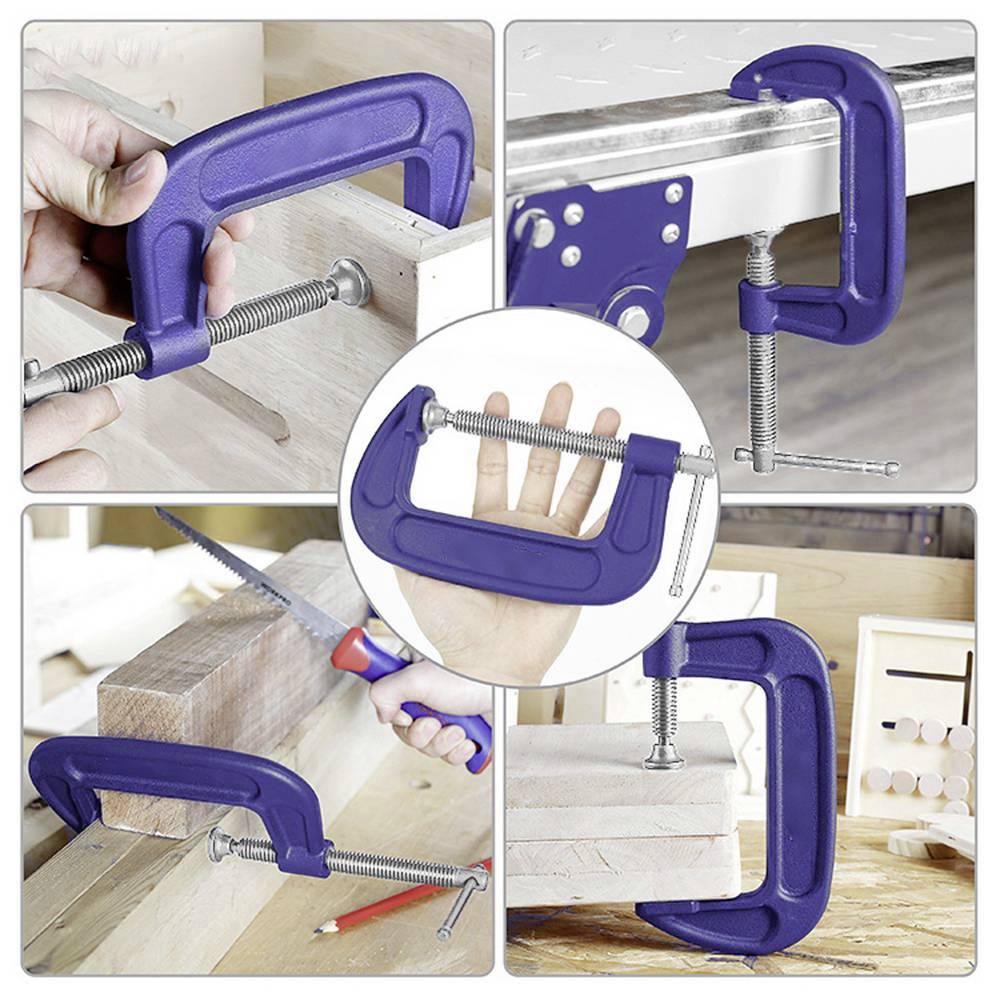 Bildcollage mit blauen Schraubzwingen in verschiedenen Anwendungen: Holzstücke beim Bohren zusammenhalten, Material auf der Werkbank befestigen und beim Schneiden sichern.