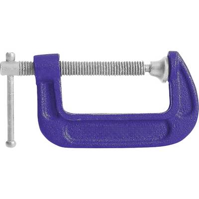 Eine blaue C-Klemme mit einem silbernen Schraubmechanismus, die verwendet wird, um Gegenstände bei Tischler- oder Metallarbeiten sicher zu fixieren.