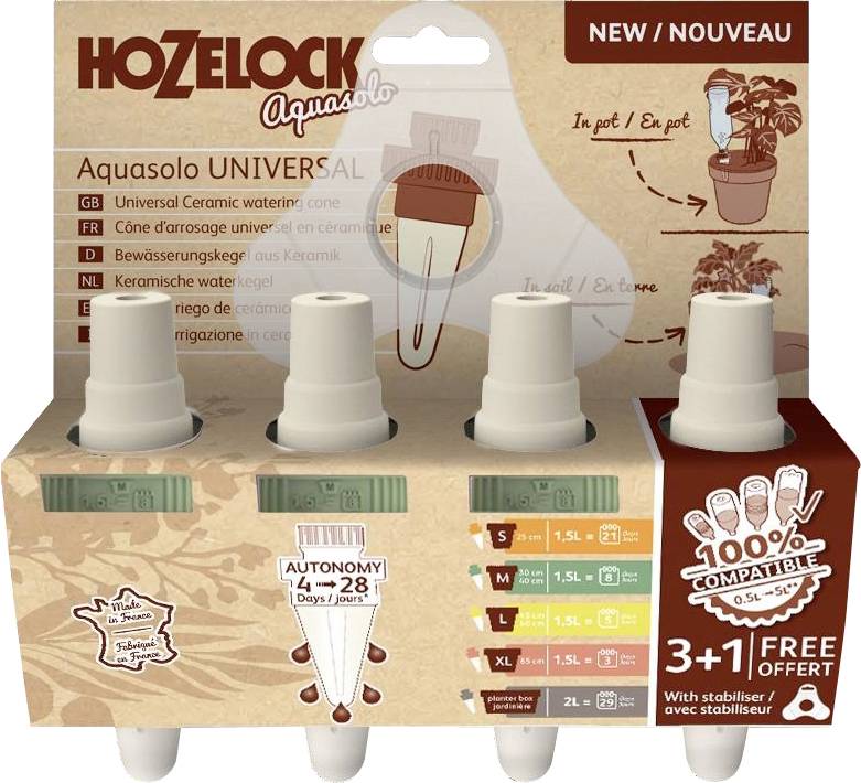 Verpackung von Hozelock Aquasolo Universal: Vier Bewässerungskegel für Pflanzen. Zeigt Autonomiezeiten und kompatible Flaschengrößen.