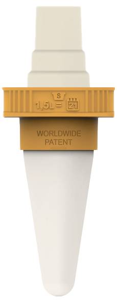 Ein konisches Gerät mit orangefarbenem Ring, der '1,5L=2H WORLDWIDE PATENT' anzeigt, möglicherweise ein Dosiergerät.