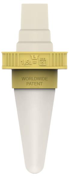 Ein gelber Messaufsatz mit der Aufschrift '1,5 L = 15' und 'WORLDWIDE PATENT'.