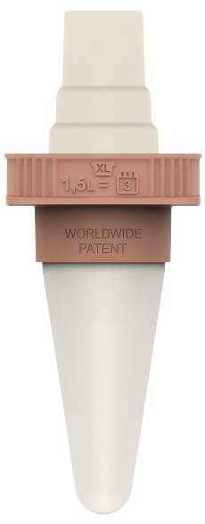Ein Tropfer mit Riffelung und Beschriftungen '1,5L', 'XL', 'WORLDWIDE PATENT'. Helle Spitze, brauner und beiger Abschnitt.