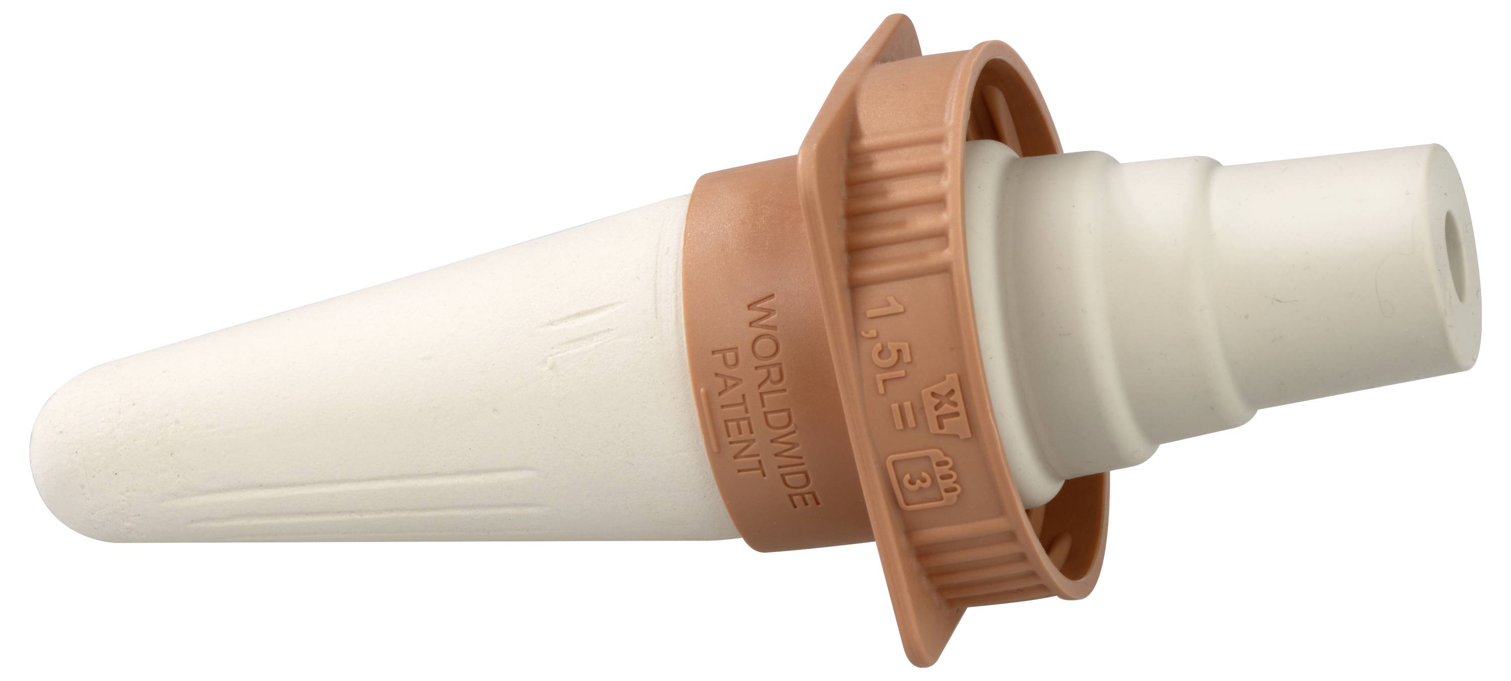 Weißer und orangefarbener Verschlussdeckel, konisch geformt, mit der Aufschrift '1.5L', 'XL' und 'WORLDWIDE PATENT'.