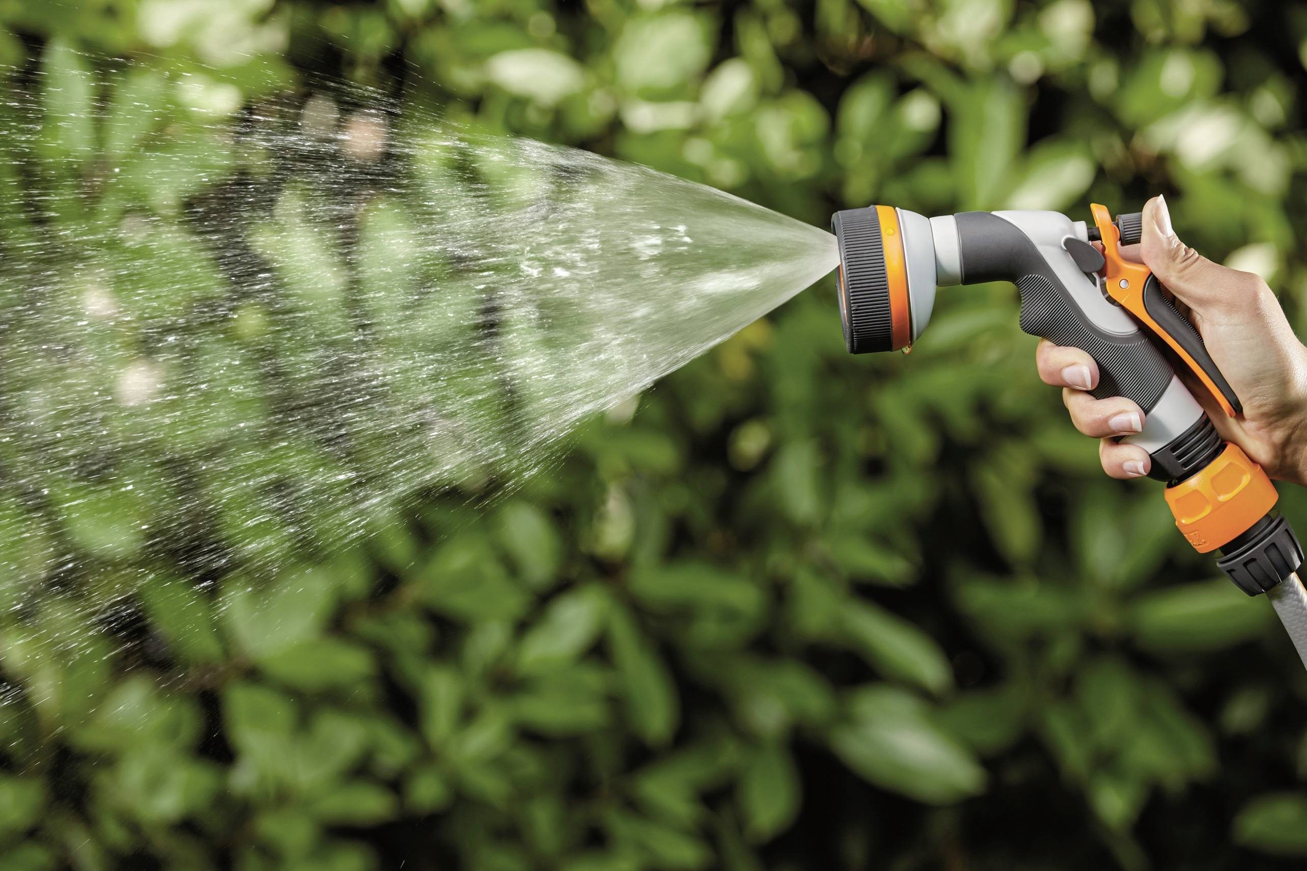 Eine Hand hält einen Gartenschlauch mit Brause, die Wasser auf grüne Pflanzen sprüht. Hintergrund unscharf.