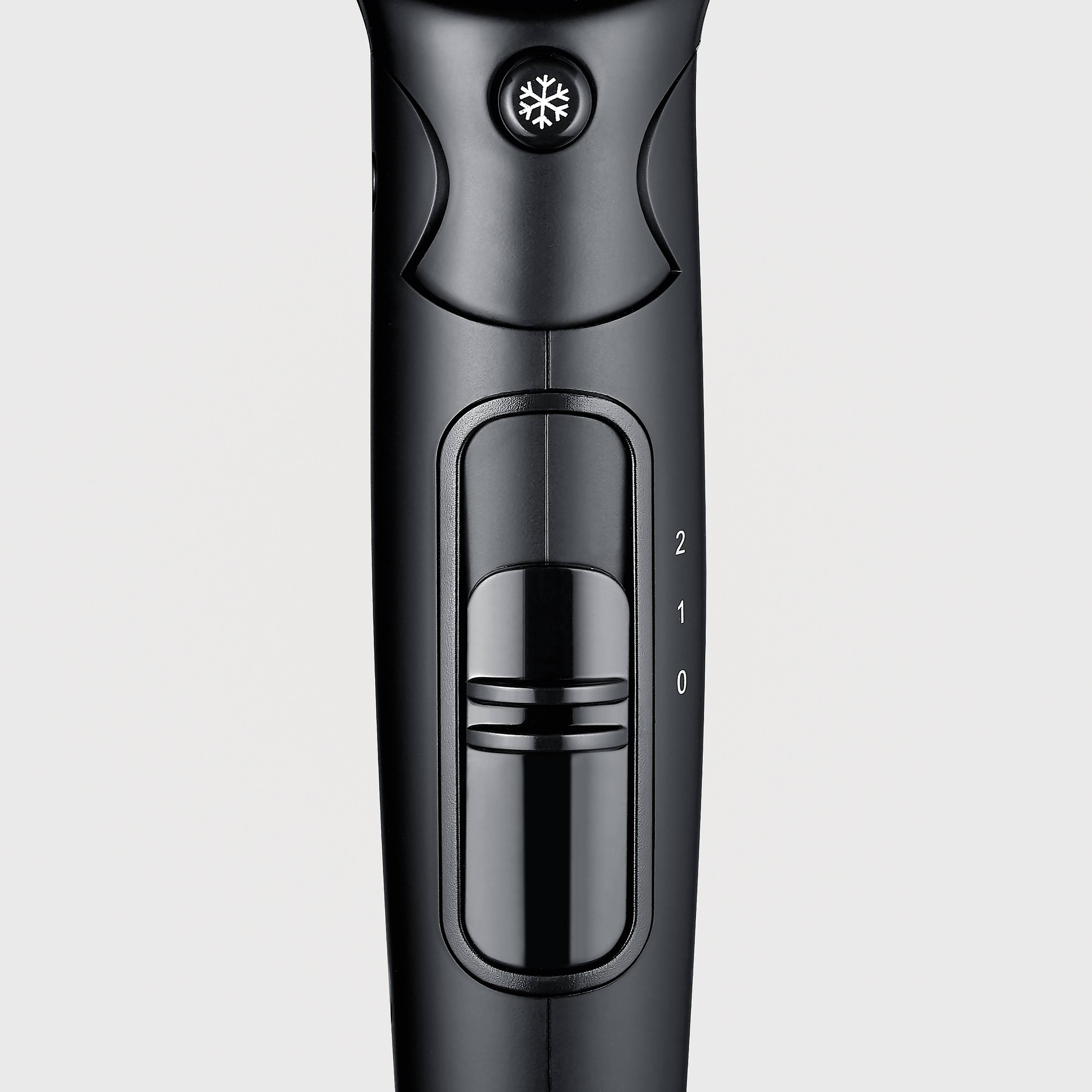 Schwarzer Haartrocknergriff mit Umschaltknopf für Temperaturstufen 0–2 und Kaltluftsymbol.