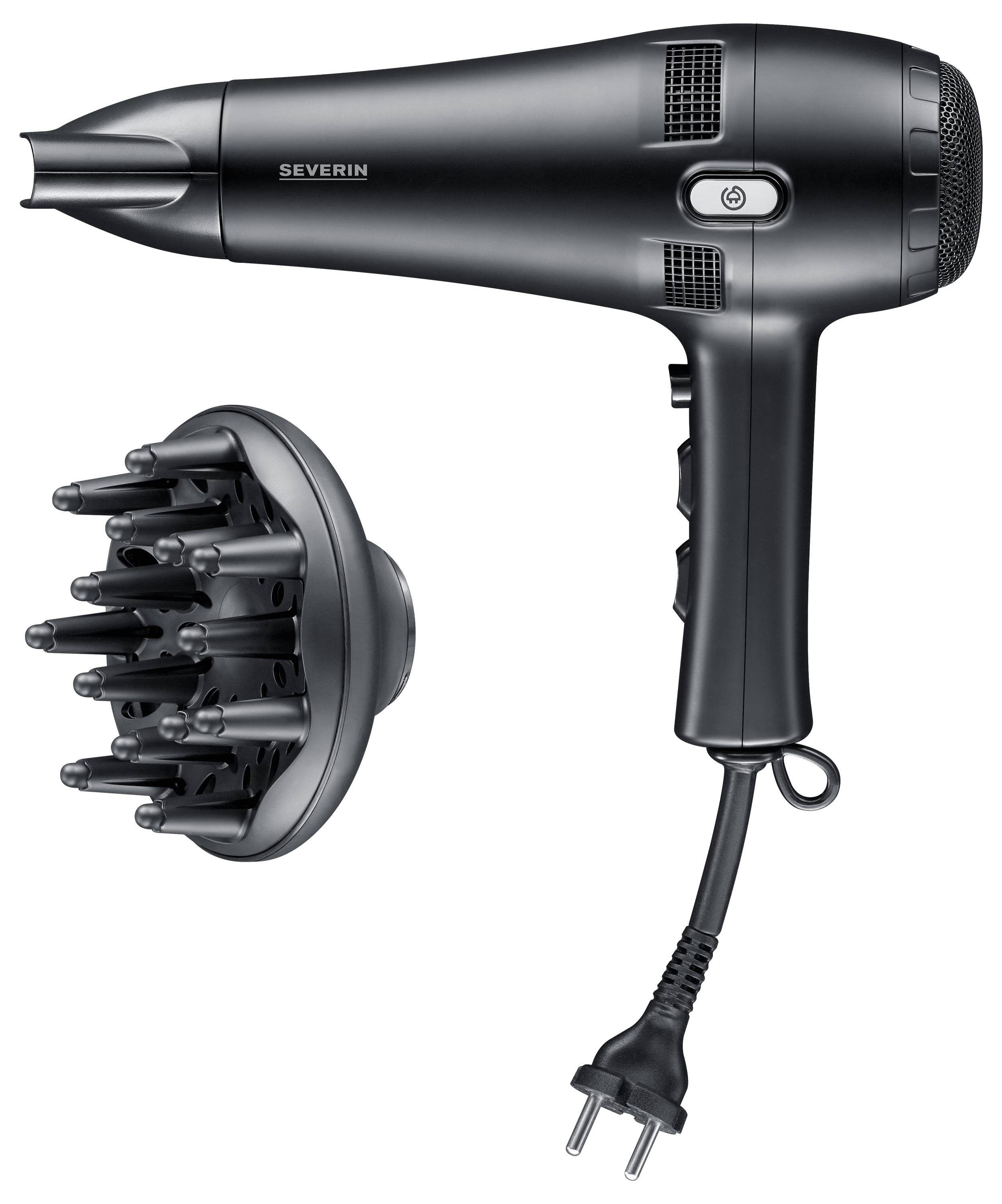 Schwarzer Haartrockner mit Diffusoraufsatz, deutsches Steckersystem. Markenname auf dem Fön sichtbar.