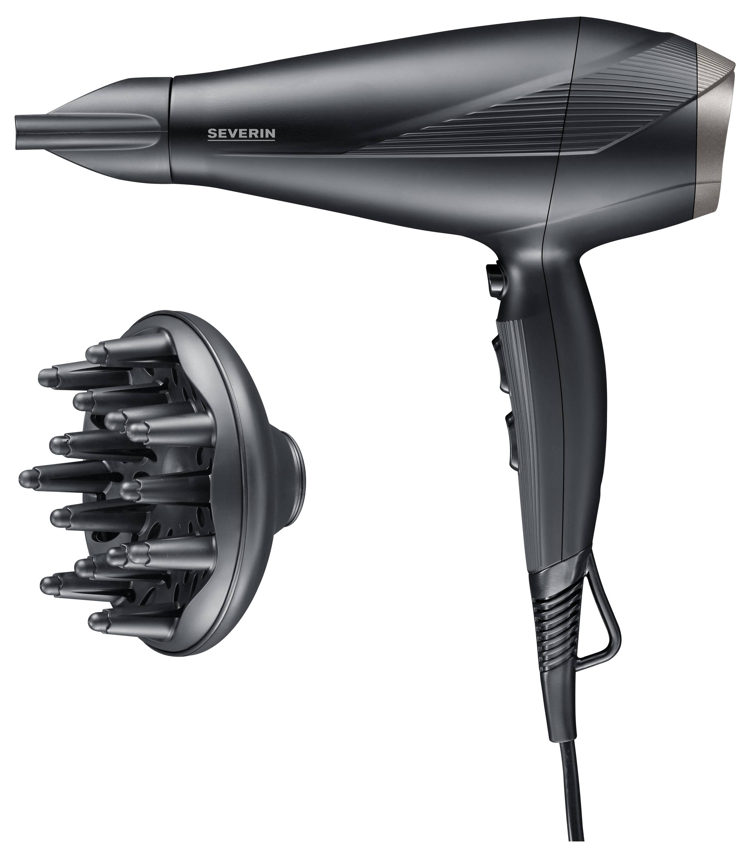Ein schwarzer Haartrockner der Marke Severin mit Diffusor-Aufsatz, ideal zum Trocknen und Stylen von Haaren.