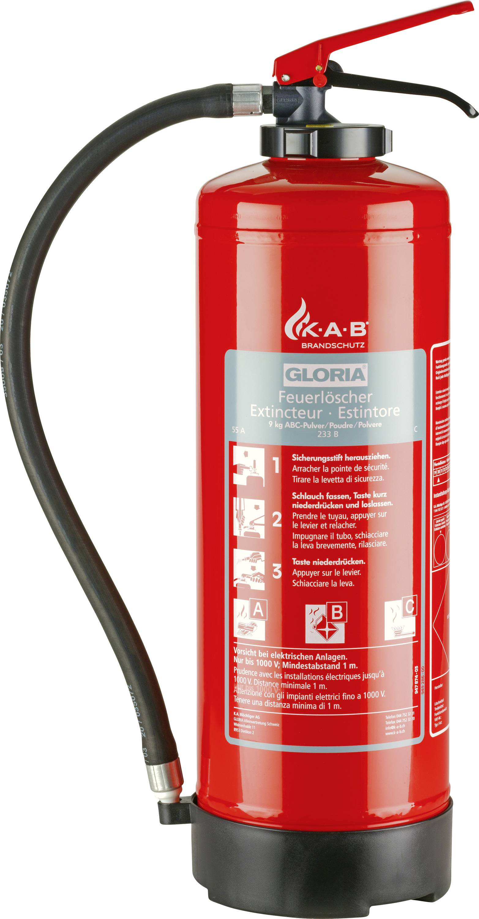 Roter Feuerlöscher mit schwarzem Schlauch und rotem Hebel. Aufschrift auf der Vorderseite: 'K.A.B. Feuerlöscher' mit Anweisungen zur Nutzung.