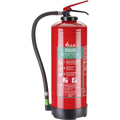 Feuerlöscher mit rotem Korpus und schwarzem Schlauch, geeignet für die Brandklassen A und B.