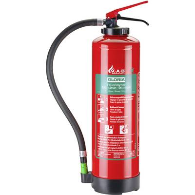 Roter Feuerlöscher mit schwarzem Schlauch, geeignet für Brandklassen A und B. Enthält Anweisungen zur Verwendung im Notfall.