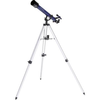 Ein blauer, langrohriger Teleskop auf einem silbernen Stativ. Ideal zum Beobachten von Himmelskörpern.
