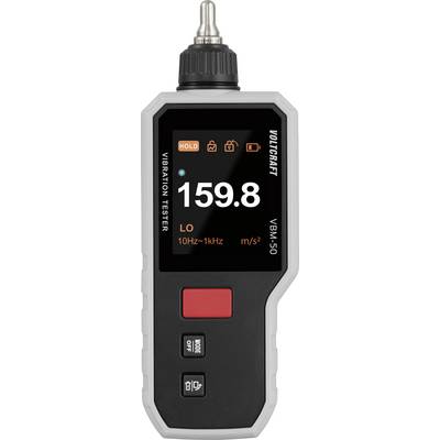 Digitaler Vibrationstest mit einer Messung von '159,8'. Der Bildschirm zeigt Einstellungen: Bereich 10 Hz–1 kHz, Einheit m/s², Funktion 'HOLD' aktiviert.