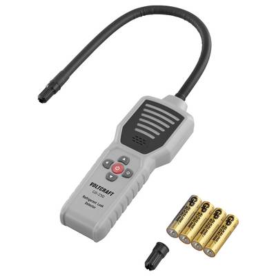 Ein tragbarer Kältemittellecksuchgerät mit flexiblem Suchfühler und Bedienungstasten, auf dem der Markenname 'Voltcraft' neben vier AA-Batterien angezeigt wird.