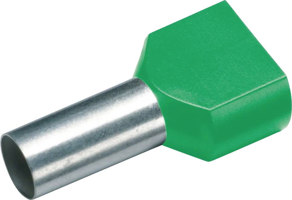 Grüner Aderendhülsen-Verbinder mit Metallrohr, verwendet zum sicheren Anschluss mehrerer Drähte in elektrischen Anwendungen.