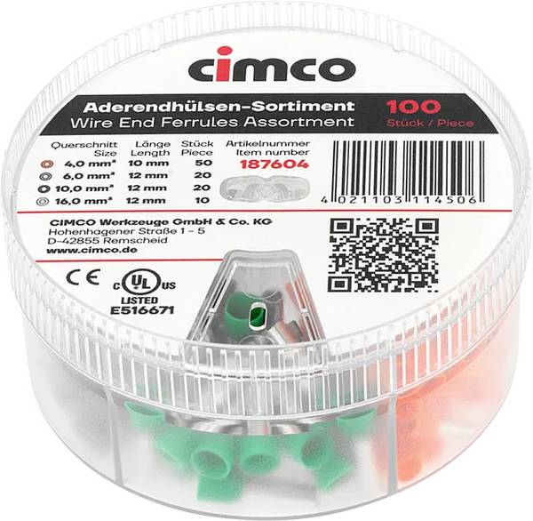 Cimco 187604 Aderendhülsen-Sortiment Teilisoliert 1 Set Dose