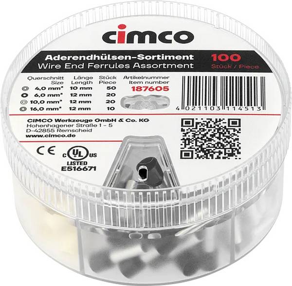 Cimco 187605 Aderendhülsen-Sortiment Teilisoliert 1 Set Dose