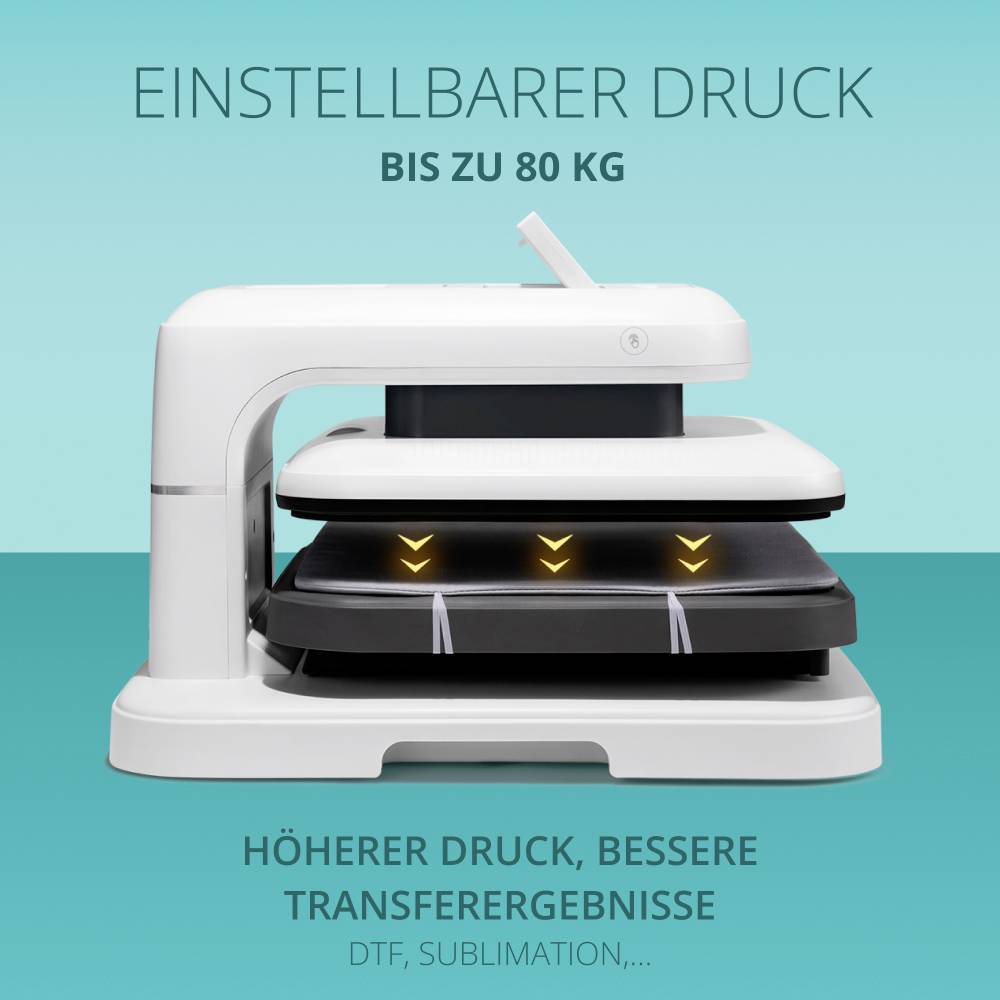 'Einstellbarer Druck bis zu 80 kg. Höherer Druck, bessere Transferergebnisse. DTF, Sublimation.' Ein weißes Gerät mit Druckfunktion.
