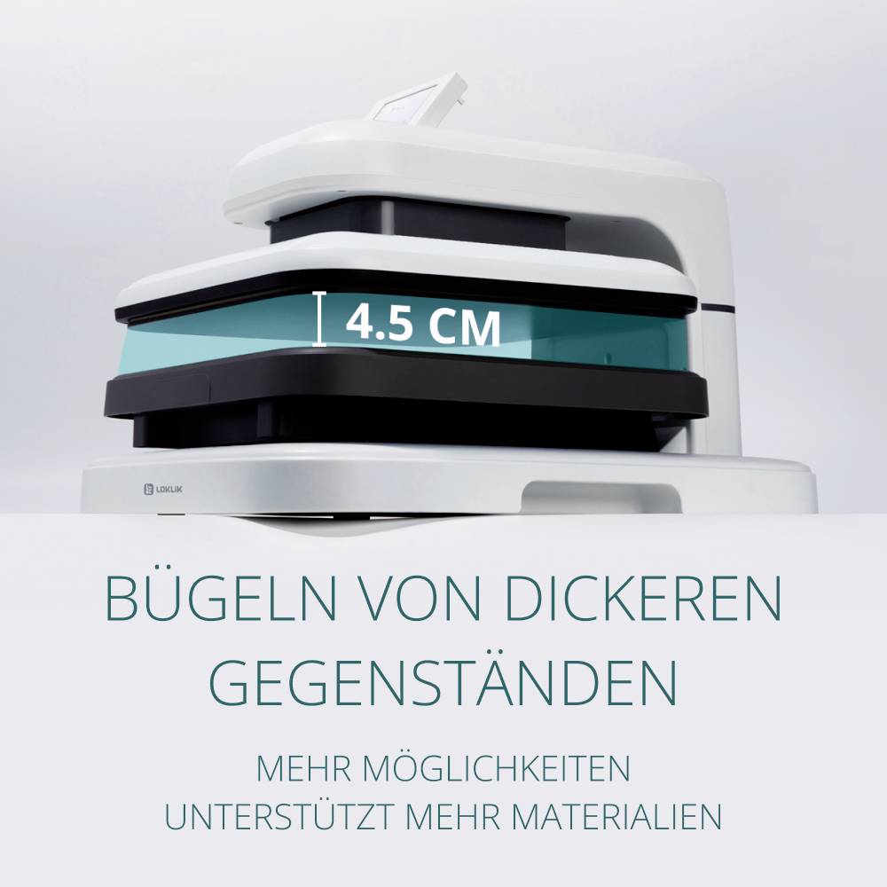 Bügeleisen mit 4,5 cm hoher Öffnung, geeignet zum Bügeln dickerer Gegenstände. Text: 'Bügeln von dickeren Gegenständen'.