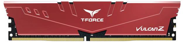 Rotes RAM-Modul 'T-FORCE Vulcan Z' mit goldenen Steckanschlüssen und Zierlinien auf der oberen Abdeckung.