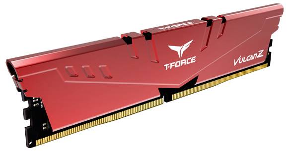 Rotes RAM-Modul der Marke T-Force Vulcan Z mit goldfarbenen Kontakten, geeignet für Computer zur Speichererweiterung.