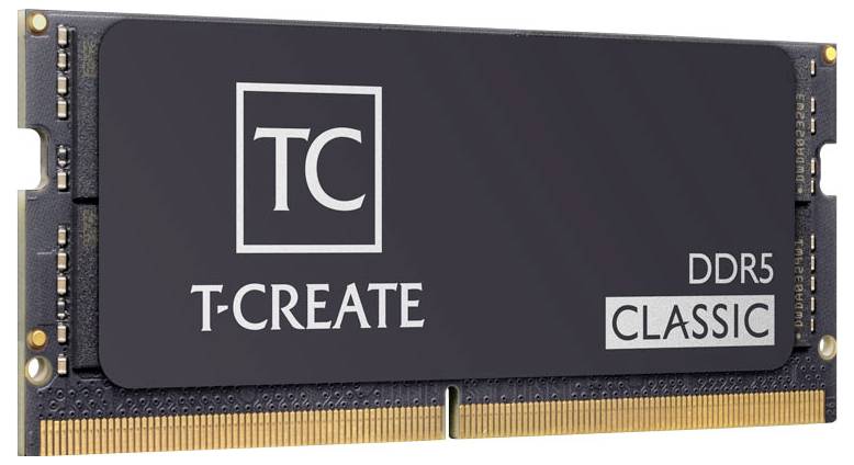 Ein RAM-Modul mit der Aufschrift 'T-CREATE DDR5 CLASSIC'. Es hat goldene Kontaktflächen und ist für Computer bestimmt.