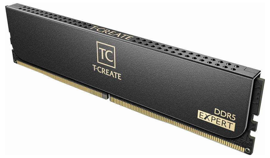 Ein schwarzer DDR5 RAM-Riegel der Marke T-CREATE mit goldener Beschriftung 'EXPERT'.