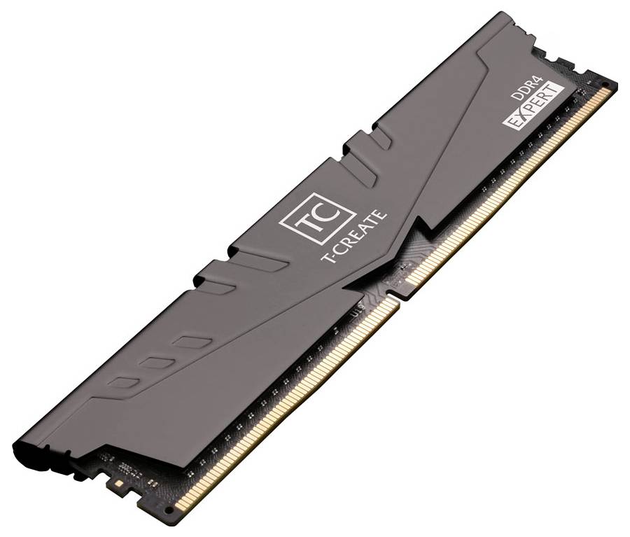 Ein einzelner schwarzer DDR4-RAM-Riegel der Marke 'T-CREATE', auf einem weißen Hintergrund, diagonale Ansicht von oben.
