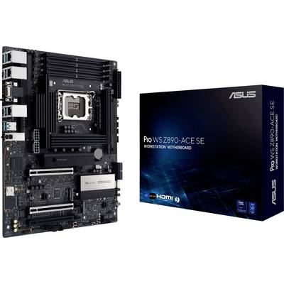 'ASUS Pro WS Z890-ACE SE Workstation Motherboard' neben der Produktverpackung, zeigt Anschlüsse und Details für Profis.