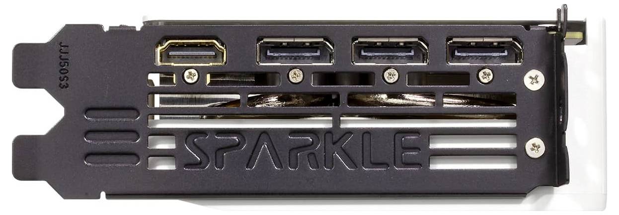 Rückseite einer Grafikkarte mit HDMI- und DisplayPort-Anschlüssen, Modell 'Sparkle'.