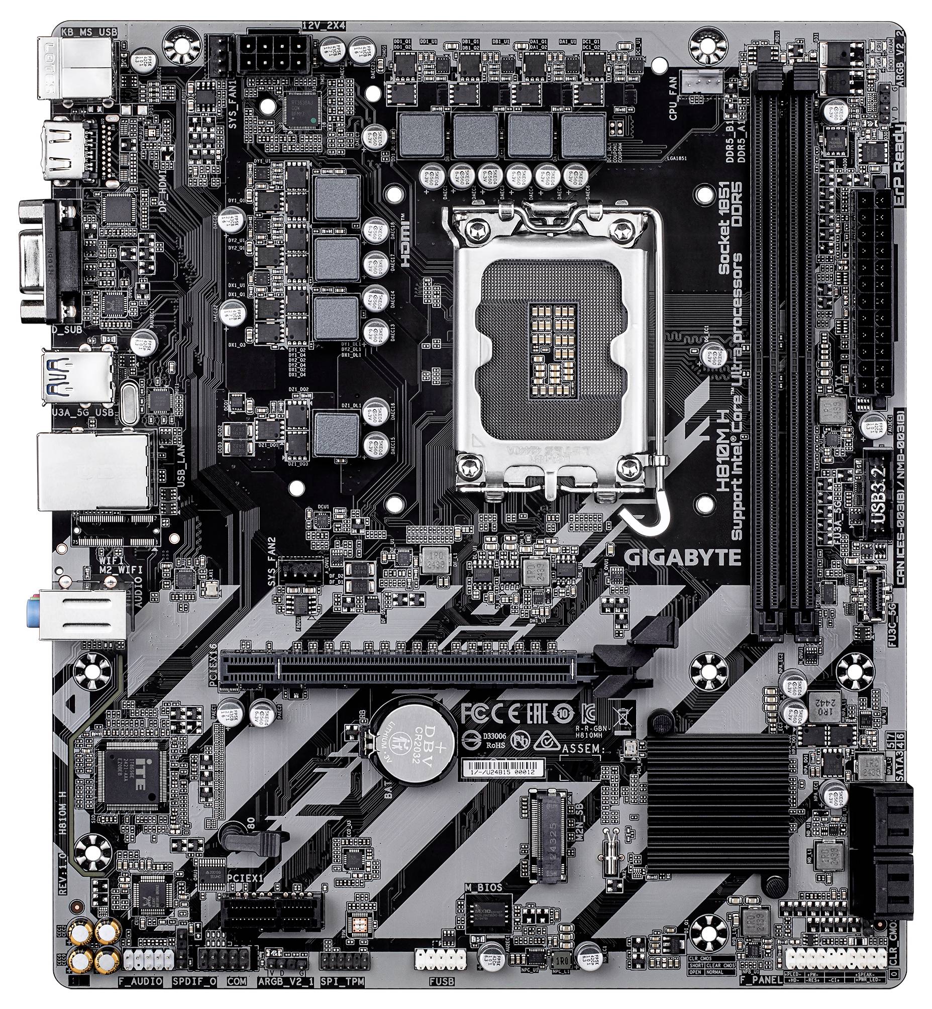 Hauptplatine mit mehreren Anschlüssen und einem CPU-Sockel in der Mitte, geeignet für Gigabyte-Motherboards.