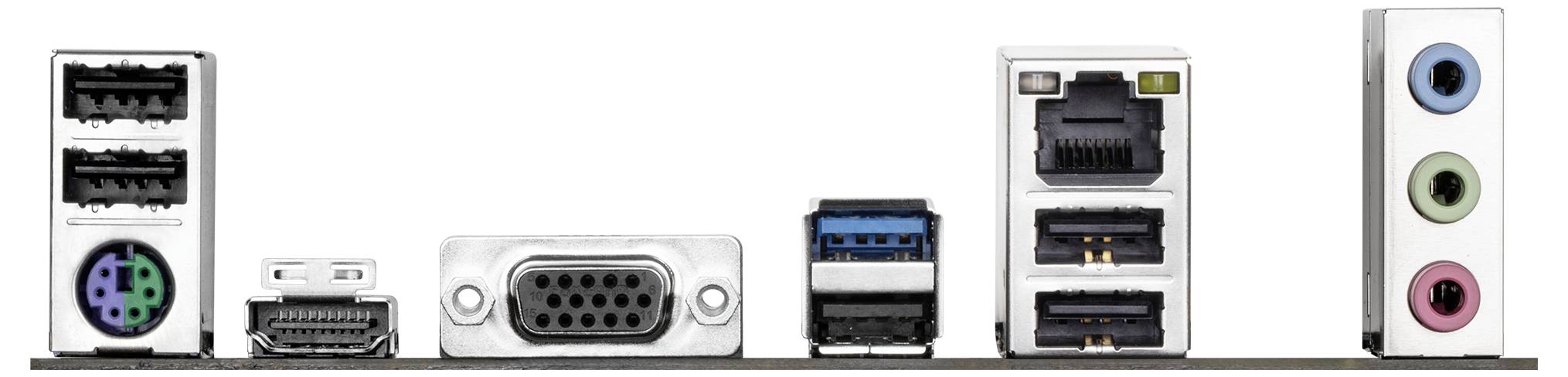 Rückseite eines Computer-Motherboards mit verschiedenen Anschlüssen: PS/2, HDMI, VGA, USB, Ethernet und Audio.